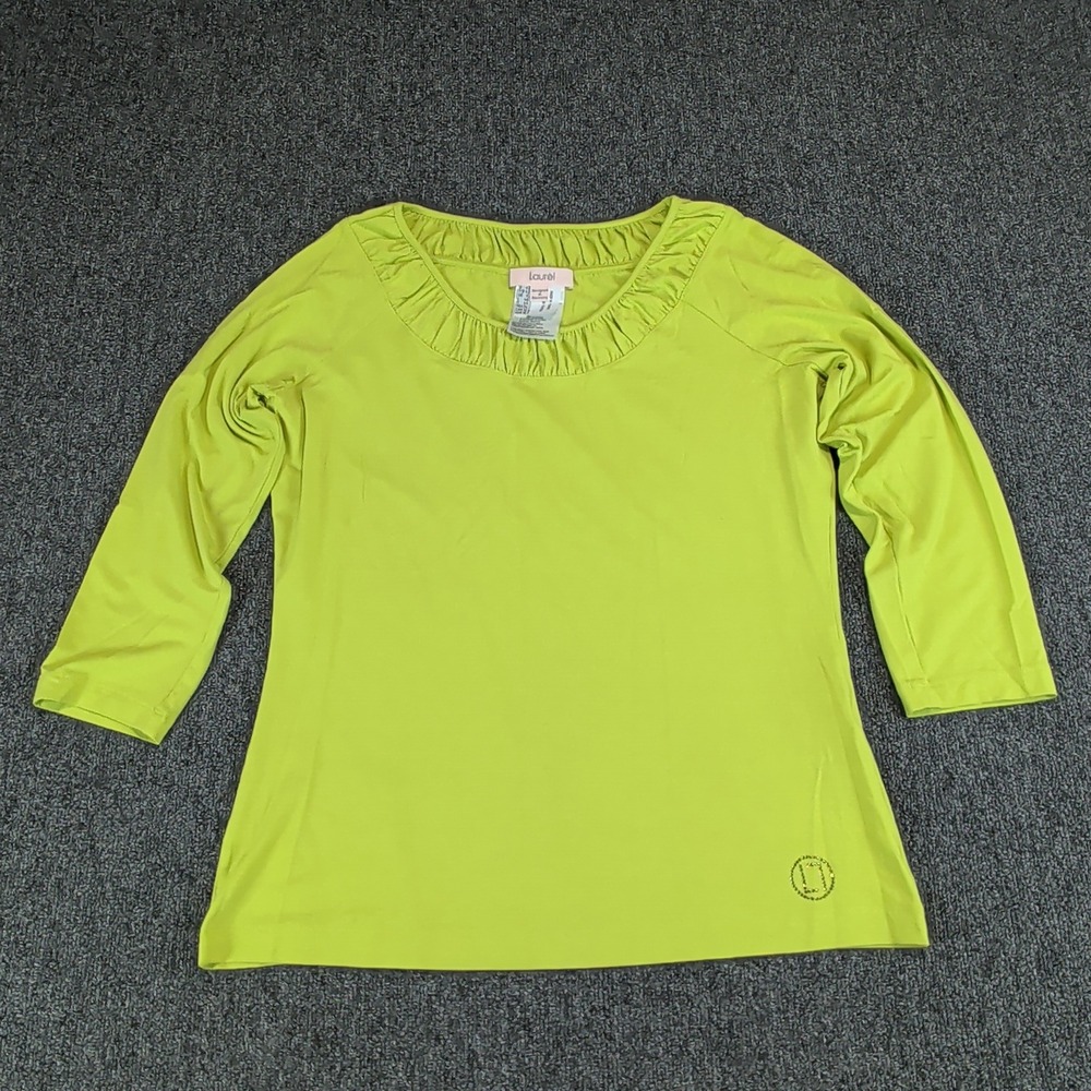 Laurel Y2K Ruched Neck Top Womens Size 10 Lime Green 3/4 Sleeve Jersey Shirt